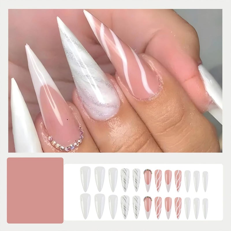 SINHOT Press-On Nails Long Stiletto Rhinestones Glossy Glue-On Almond Acrylic Silver Glitter Swirl Artificial Stick-On False Nails with Design 24 pcs - Image 4